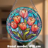 Raamhanger Raamdecoratie Rode-Rose Tulpen - Kleurige Zonnevanger Rond Acryl met Ketting - Bloemen - Suncatcher Rond model 15 cm %%