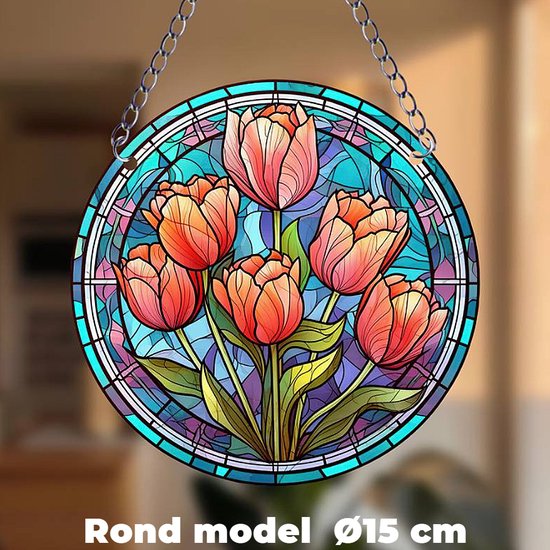 Raamhanger Raamdecoratie Rode-Rose Tulpen - Kleurige Zonnevanger Rond Acryl met Ketting - Bloemen - Suncatcher Rond model 15 cm %%