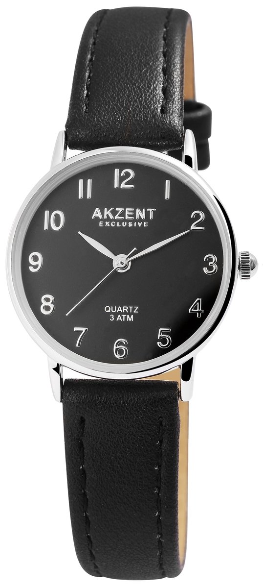 Akzent-Dames horloge-Analoog-Rond-28MM-Zilverkleurig-Zwart lederen band.