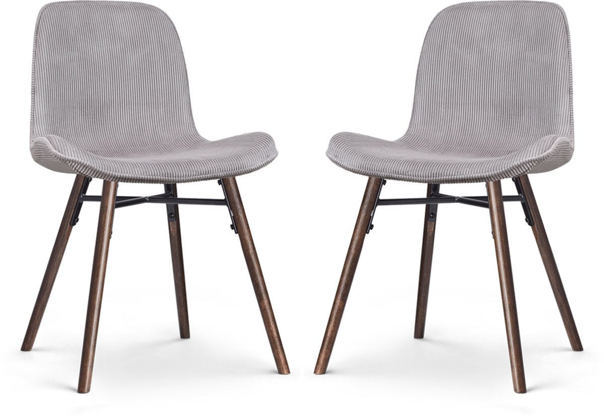 Nolon Nena-Fé Eetkamerstoelen Set van 2 Ribstof Warm Grijs - Stof - Houten Poten - Walnoot Kleur Rib - Warmgrijs - Walnoot onderstel