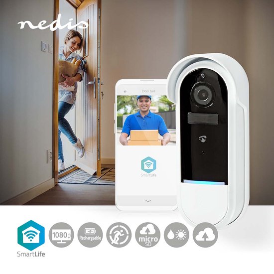 Nedis SmartLife Videodeurbel - Wi-Fi - Batterij Gevoed / Transformator - Full HD 1080p - Cloud Opslag (optioneel) / microSD (niet inbegrepen) - IP54 - Met bewegingssensor - Nachtzicht - Wit van Nedis — afbeelding 5