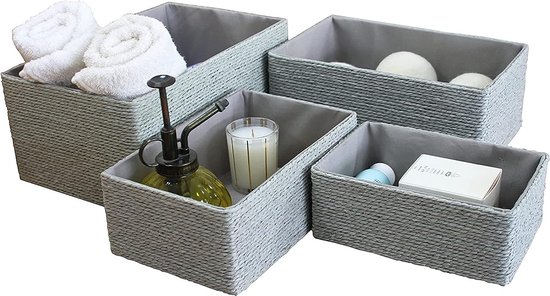 Set 4 - Rieten mand, papiercontainer, opbergdoos, make-updozen voor kast, badkamer, slaapkamer, woonkamer, grijs