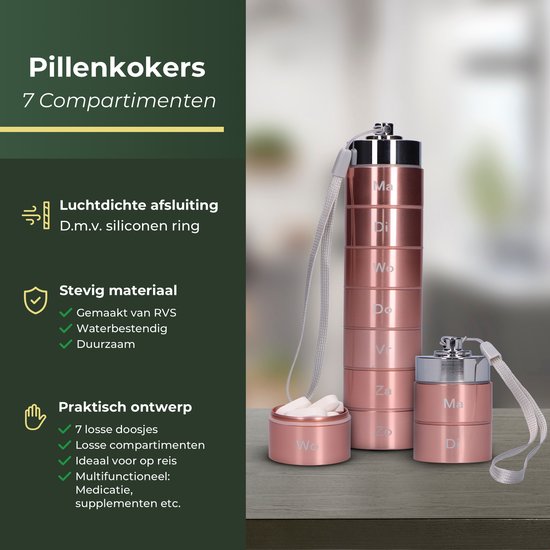 Gandria Pillendoos 7 Dagen - Uitneembaar Pillendoosje - Pillesdoosjes met 7 Compartimenten - Medicijndoos met Stevige Sluiting - Koker - Waterdicht - Roze