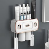 Porte-brosse à dents mural avec 2 presse tandpasta, 2 gobelets magnétiques, 6 emplacements pour brosses à dents, 1 tiroir de rangement et grand compartiment de rangement, sans perçage, pour salle de bain et lavabo