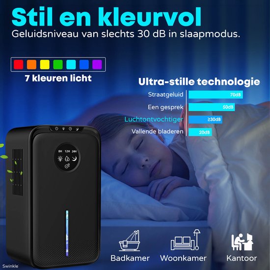 Déshumidificateur et purificateur d'air Swinkle® - Déshumidifie jusqu'à 1 L par jour - Déshumidificateur adapté au salon, chambre à coucher, salle de bain avec écran LED