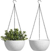 Bloempot, hangend, plastic, set van 2, diameter 25 cm, hangpot voor planten, wit, bloemenhanger met haak, rond, groot, voor binnen en buiten, decoratie, hangpot voor planten voor thuis, kantoor