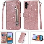 Portemonnee Hoesje - Wallet Case - Rits Sparkly Glitter - Telefoonhoes met Kord Geschikt voor: Samsung Galaxy A54 - Rosegoud