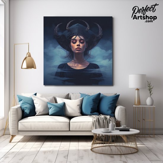 DREAM LADY:120x120cm Aluminium. Decoratie - Modern - Blauw - Dromen - Vrouw - Wolken - Portret
