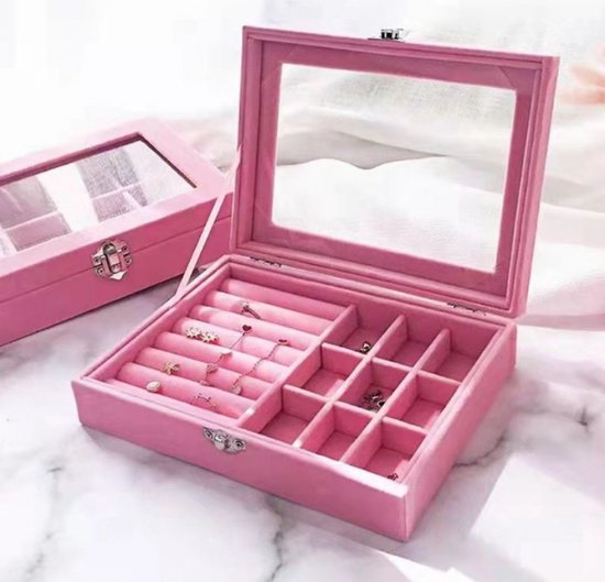 Beauty vanity case - Trousse de maquillage - Rose avec paillettes - Avec miroir et compartiment de rangement supplémentaire