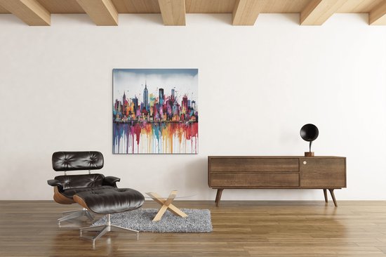 Canvas Schilderij - Kleurrijke Stad - Abstract - Wanddecoratie - 100x100x2 cm