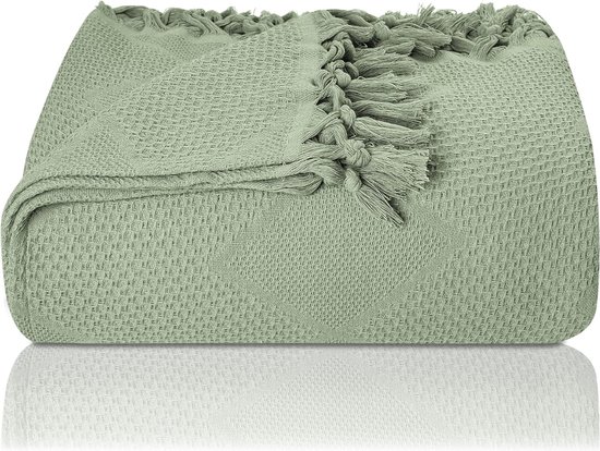 Couvre-lit Premium avec franges nouées à la main - 100 % coton - 220 x 240 cm XXL - Couverture d'été en piqué gaufré - Couverture en coton comme couvre-lit, housse de canapé et couverture de canapé (menthe)