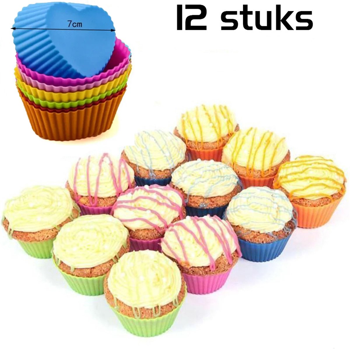 DW4Trading Siliconen Cup Cake Vormpjes Hart - Set van 12 Stuks - Ø7 cm