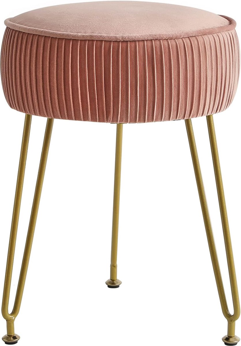 Fluwelen ronde voetensteun, kruk, voetensteun, make-upkruk, bijzettafel, fluwelen aankleedtafel, zitting, poef, bank, kruk, gouden stalen poten, roze LG-30P