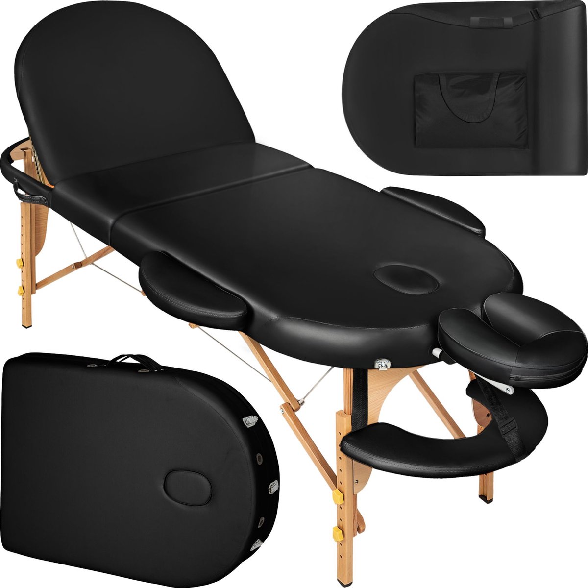 Goedkoopste tectake® 3-zone ovale massagetafel - Draagvermogen 250 kg - Mobiele massagebank - Houten frame - Behandeltafel - Inclusief draagtas, hoofdsteun en armleuning - In hoogte verstelbaar - Afmeting (LxBxH) 230 x 104 x 62,5 - 85 cm - Zwart