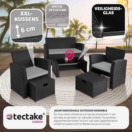 tectake® - wicker tuinzitgroep voor 4 personen met kruk, poly rotan tuinmeubelset met ingebouwde opbergbox in de bank - zwart/grijs - incl. beschermhoes - Tectake