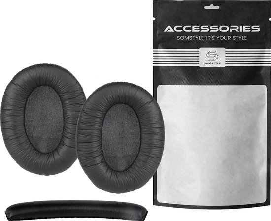 Twee zwarte, ovale oorkussens en een platte hoofdband, naast een verpakking van Somstyle.