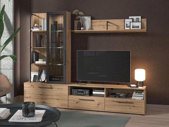 Tv-meubel DUBLIN met opbergruimte - Kleur: eiken en zwart L 229.5 cm x H 183 cm x D 35 cm