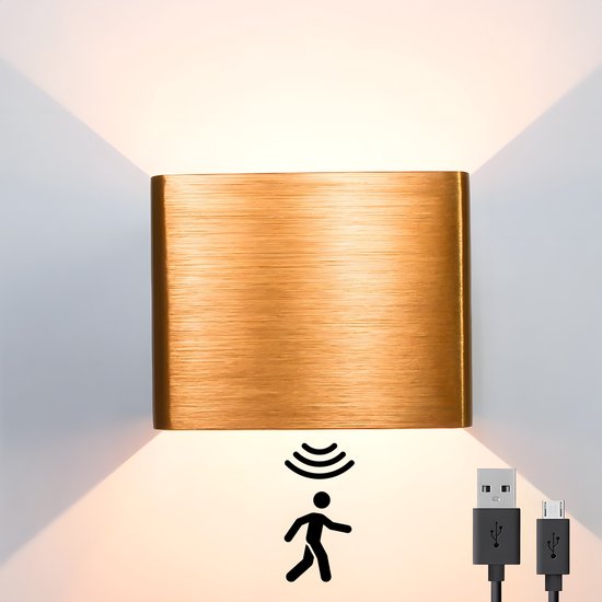 Algo Home Applique rechargeable lumière chaude - applique de salon rechargeable avec USB - applique rechargeable - appliques - applique rechargeable avec détecteur de mouvement - applique - veilleuse - 3000K - or - matériau aluminium