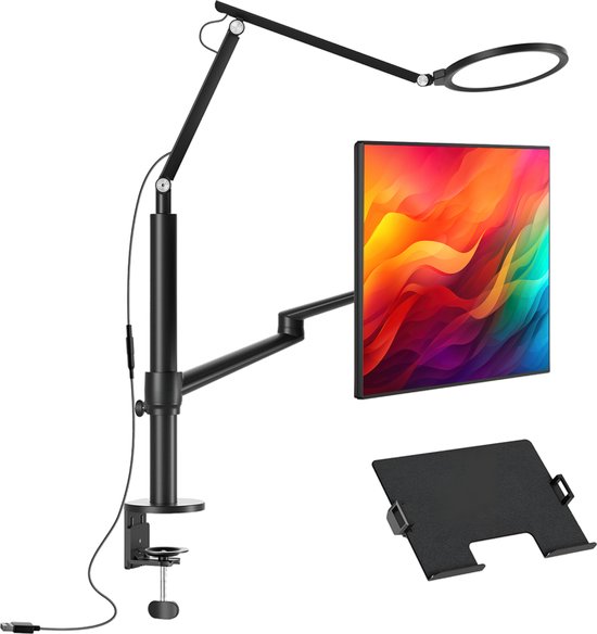 LEVANTU® Monitor arm voor laptop scherm met 7" LED RINGLAMP – Monitorbeugel geschikt voor 1 schermen – Monitor Standaard – Laptop Standaard – Verstelbaar– Laptop Arm - Zwart