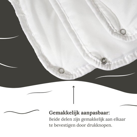 Close-up van de drukknoopsluitingen van een wit dekbed, dat aanpasbaar is.