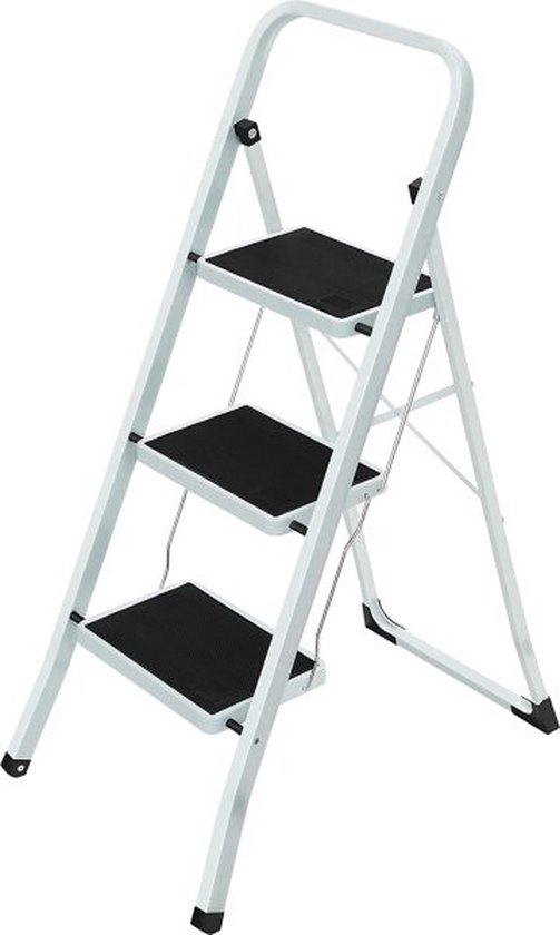 Foto: Klaptrede met 3 treden trapladder ladder 20 cm brede treden antislip rubberen matten met leuning belastbaar tot 150 kg gemaakt van staal getest door sgs wit zwart