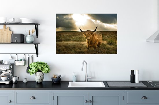 Muurstickers - Sticker Folie - Schotse Hooglander - Zon - Dieren - 90x60 cm - Plakfolie - Muurstickers Kinderkamer - Zelfklevend Behang - Zelfklevend behangpapier - Stickerfolie