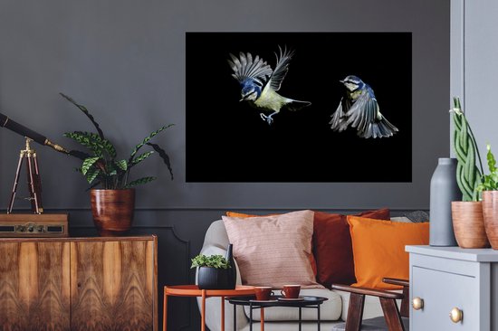 Muursticker Animaux sur fond noir - Moucherolles sur fond noir - 120x80 cm - film adhésif autocollant - sticker mural repositionnable