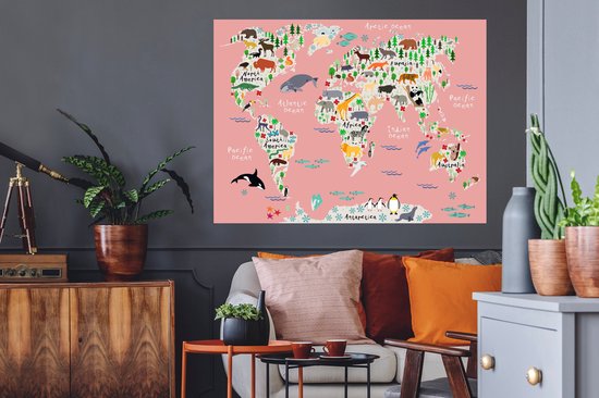 Muurstickers - Sticker Folie - Wereldkaart - Kinderen - Roze - Dieren - 120x90 cm - Plakfolie - Muurstickers Kinderkamer - Zelfklevend Behang - Zelfklevend behangpapier - Stickerfolie