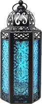 Marokkaanse lamp lantaarn decoratieve kaarshouder voor binnen buiten huisdecoratie patio bruiloft zwart metaal blauw glas middelgroot