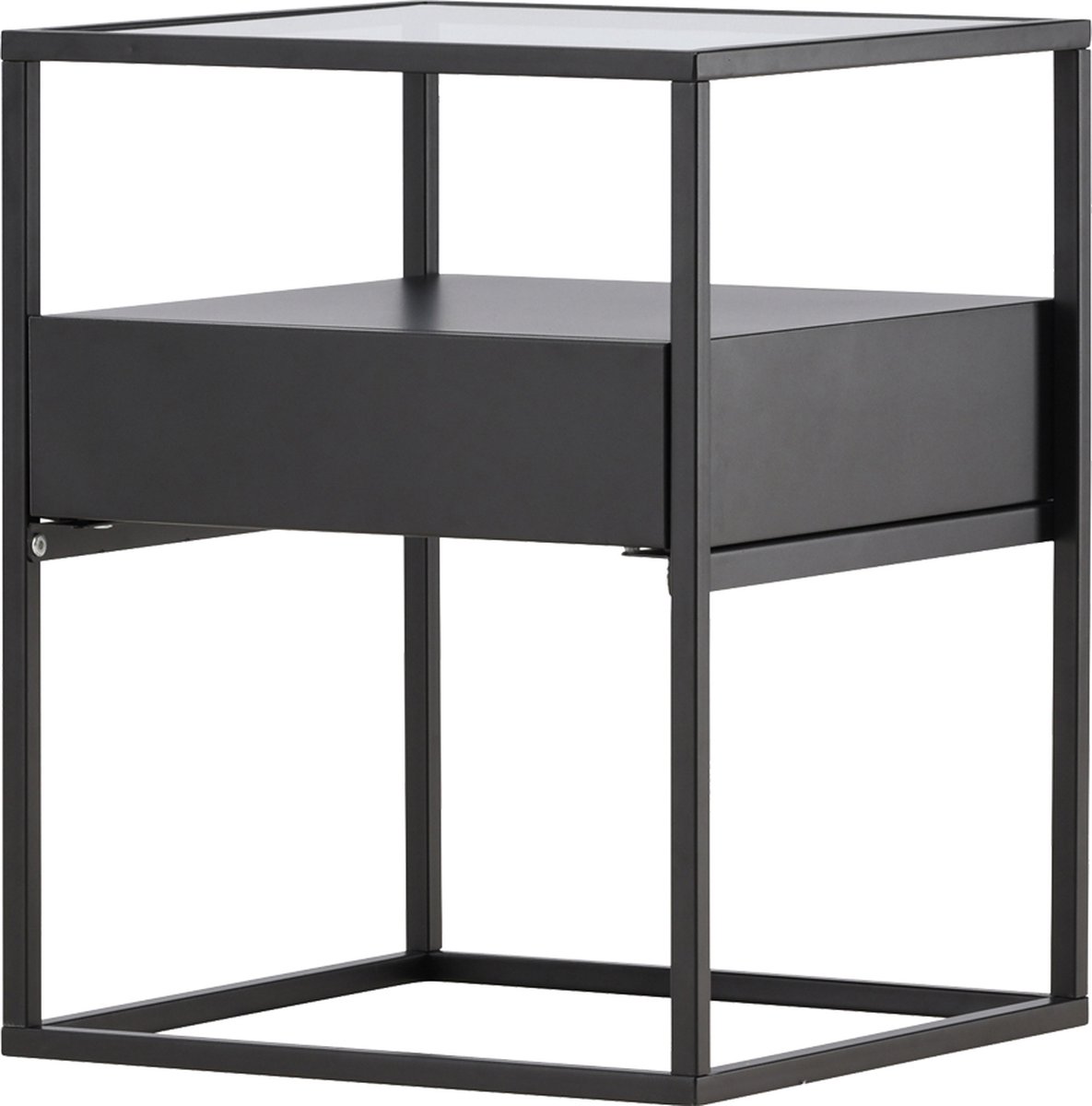 Nest living Dinand Bijzettafel - Metaal - met Lade - Nachtkastje - met Opbergruimte - Modern - Industrieel - Slaapkamer - Zwart - 40 x 40 x 51 cm