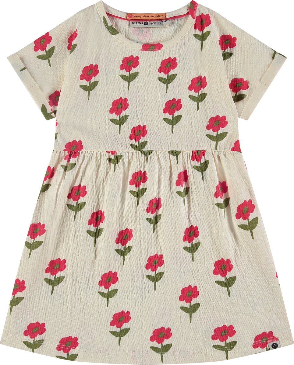 Stains and Stories girls dress short sleeve Meisjes Jurk - off white - Maat 98