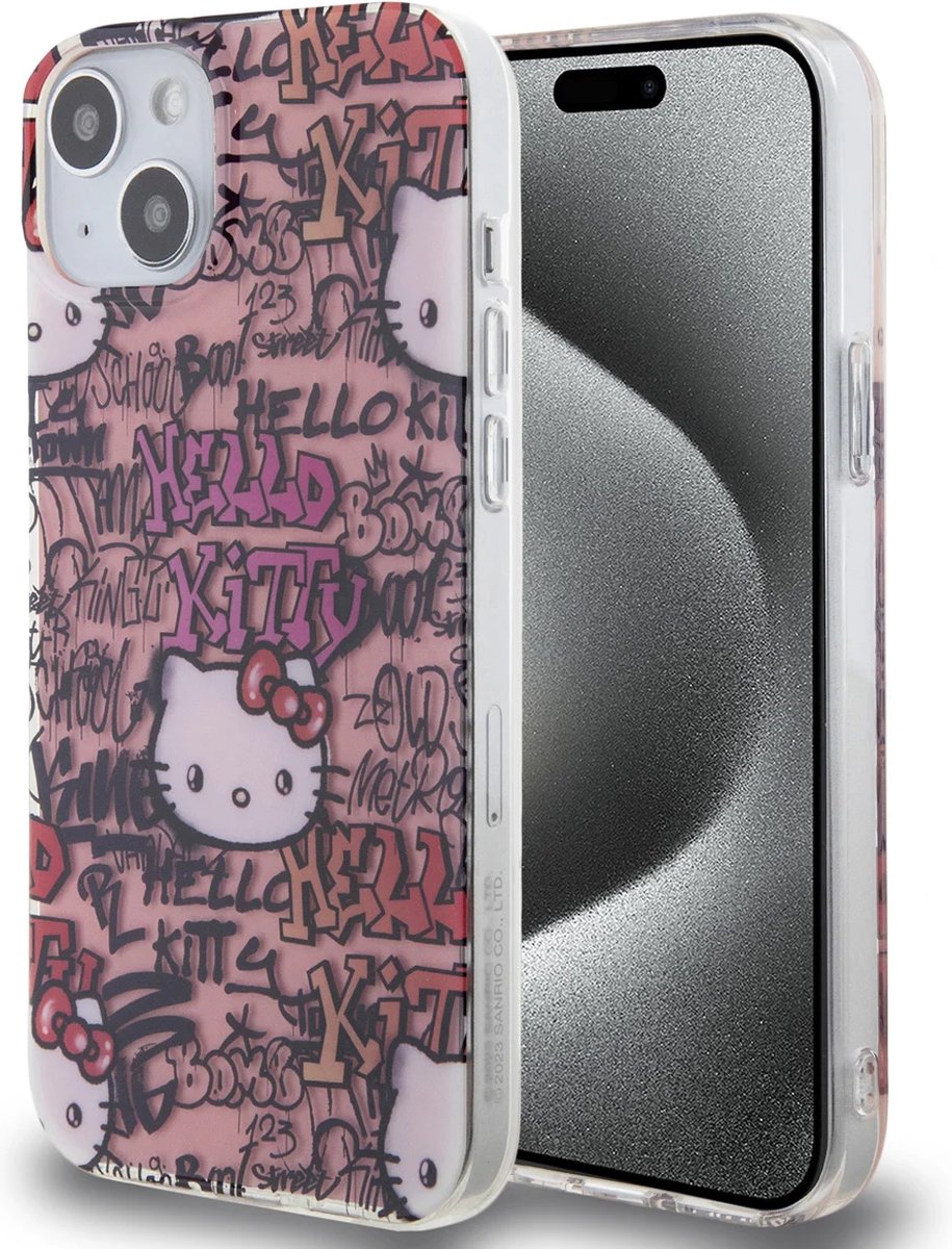 Hello Kitty Backcover – iPhone 15 Plus TPU – Graffiti Tags – Roze