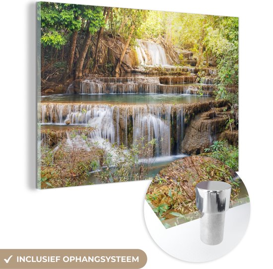 MuchoWow® Glasschilderij 60x40 cm - Schilderij acrylglas - Zon - Waterval - Landschap - Foto op glas - Schilderijen