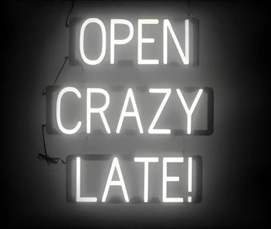 OPEN CRAZY LATE! - Lichtreclame Neon LED bord verlicht | SpellBrite | 54 x 60 cm | 6 Dimstanden - 8 Lichtanimaties | Reclamebord neon verlichting