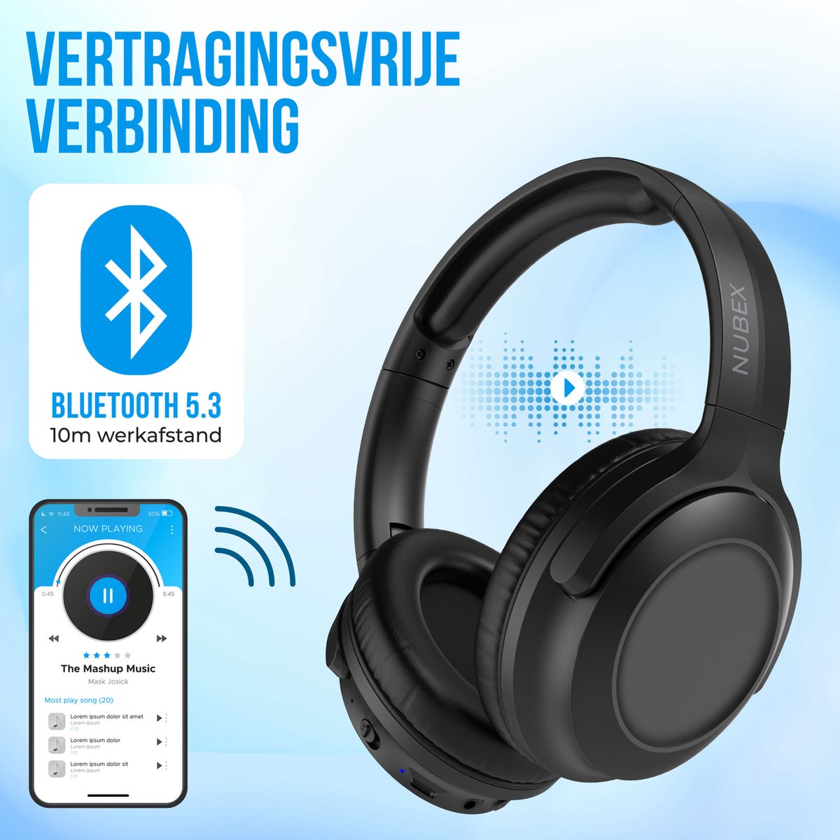 Afbeelding 3 van Nubex® Pro - Koptelefoon Active Noise Cancelling - Bluetooth 5.3 Draadloos - Over-ear - USB-C - Headphone - Bluetooth - ANC tot 25dB - Handsfree bellen - Zwart