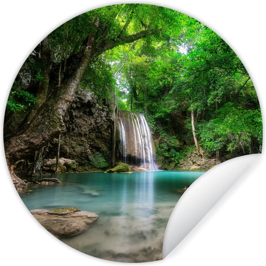 WallCircle - Muurstickers - Behangcirkel - Jungle - Waterval - Planten - Water - Natuur - ⌀ 140 cm - Muurcirkel - Zelfklevend - Ronde Behangsticker