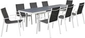 MYLIA Tuineettafel van grijs en witte aluminium : 8 stoelen en uitschuifbare tafel - LINOSA L 240 cm x H 96 cm x D 100 cm