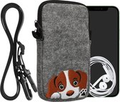 kwmobile Tasje voor smartphones L - 6,5" - Hoesje van vilt in bruin / wit / grijs - Phone case met nekkoord - Nieuwsgierige Hond design