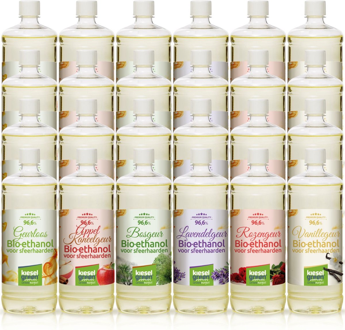 Bol.com KieselGreen 24 Liter Bio-Ethanol Aroma mix (Appel/Kaneel, Bos, Geurloos, Lavendel, Roos, Vanille) – Bioethanol 96.6% aanbieding