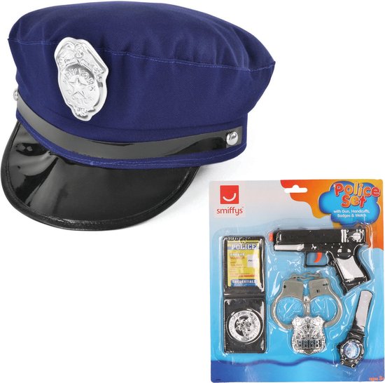 Foto: Carnaval verkleed politie agent set pet cap blauw pistool badge handboeien set