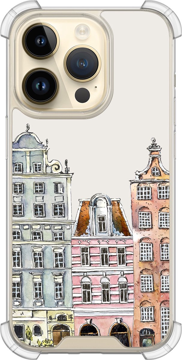 Shockproof hoesje - Geschikt voor iPhone 14 Pro - Grachtenpandjes - Extra sterke case - TPU/polycarbonaat - Print / Illustratie - Multi, Transparant