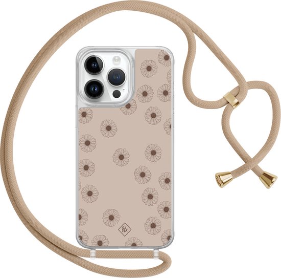 Casimoda® hoesje met beige koord - Geschikt voor iPhone 13 Pro Max - Cute Flowers - Afneembaar koord - TPU/polycarbonaat - Zwart