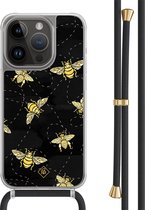 Casimoda® hoesje met zwart koord - Geschikt voor iPhone 14 Pro - Bee Happy - Afneembaar koord - TPU/polycarbonaat - Zwart