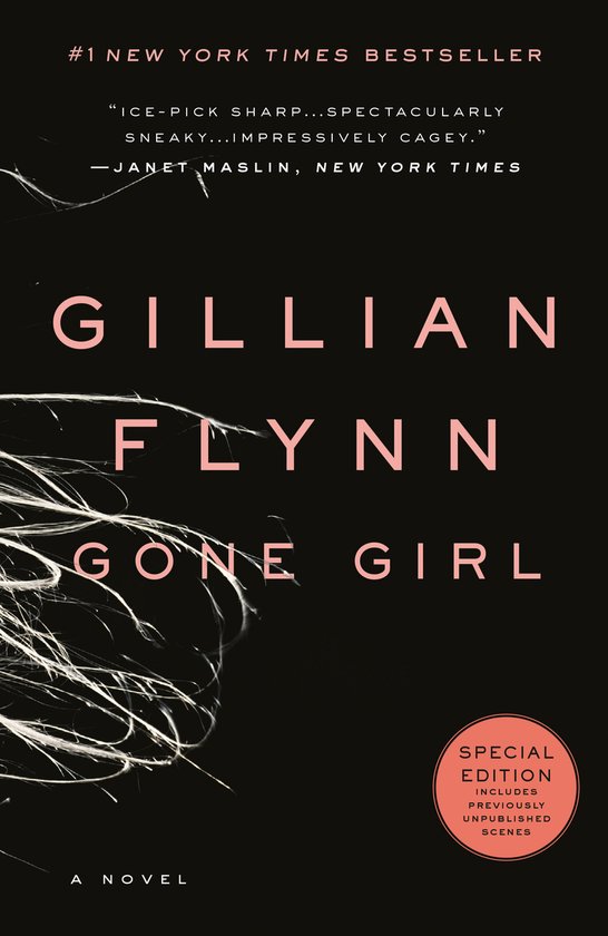 Couverture du livre 'Gone Girl', un best-seller du New York Times. Le titre et l'auteur sont en lettres roses sur fond noir.