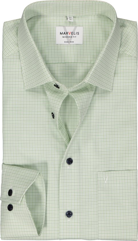 MARVELIS modern fit overhemd - popeline - lichtgroen met wit geruit - Strijkvrij - Boordmaat: 40