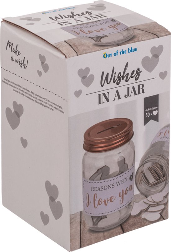 Doos met 'Wishes IN A JAR' erop. Bevat een glazen pot met koperkleurig deksel, gevuld met hartjes. De tekst 'REASONS WHY I love you' is zichtbaar.