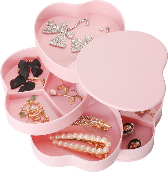 Sieradendoosje voor meisjes, sieradendoos met spiegel, 4 niveaus, sieradenopslag voor ringen, oorbellen, halskettingen, verjaardag, meisjes, vrouwen, cadeau, ronde vorm, 12 x 12 cm (roze)