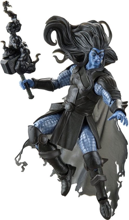 Black Winter (Thor) figuur springend, met blauwe huid, zwart pantser, grijze mantel en zwarte hamer.