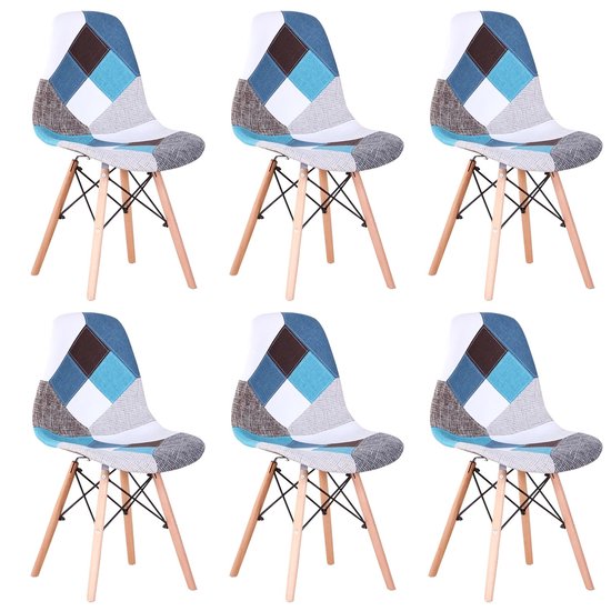 Mima ® Eetkamerstoelen set van 6 - Eetkamer Stoelen - Geblokt Blauw- Modern-Stoelen- Multicolor-Tafelstoelen- Keukenstoelen- Wachtkamer Stoelen
