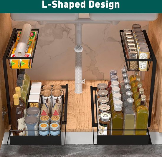 AIXPI Spoelkast Organizer Keukenorganizer, 2 Etages Onder De Wastafel, Rek Met 4 Haken En 2 Kopjes Multifunctioneel Kruidenrek Spoelkast Organizer Reinigingsmiddel Organizer Voor Badkamer Keuken Keukenorganizer Onder Wastafel
